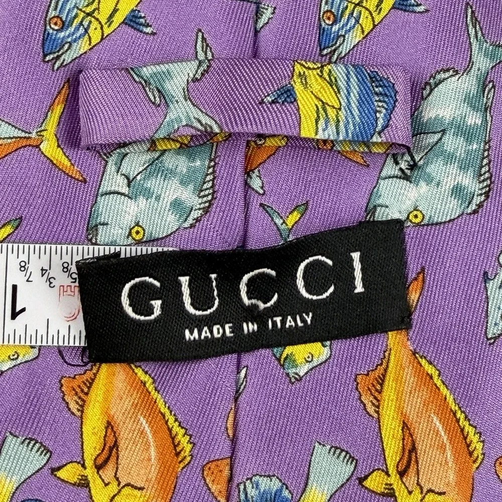 Vintage Gucci Tropical Fish Silk Tie Purple Novelty Made Italy Designer 56x3.75